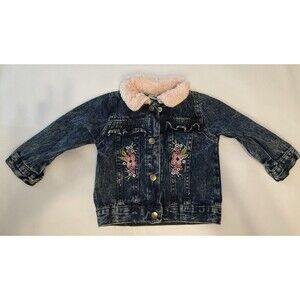 Daisy Fuentes Baby Girl 18M Denim Floral Embroidered Faux Fur Collar Jean Jacket